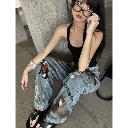 Wide Blue Chic Denim Waist High Leg Baggy Graffiti Streetwear Jeans