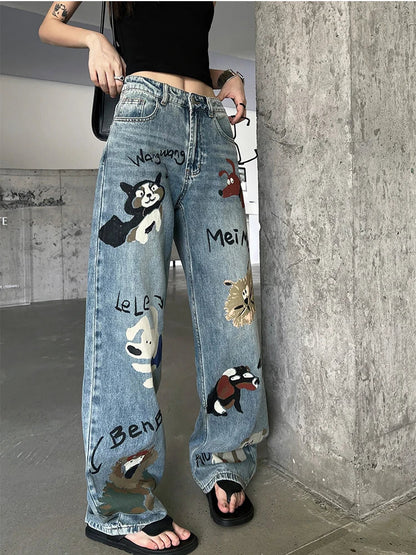 Wide Blue Chic Denim Waist High Leg Baggy Graffiti Streetwear Jeans