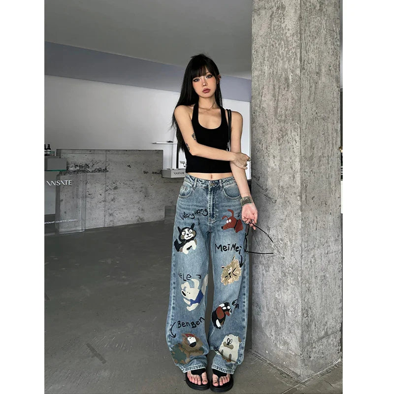 Wide Blue Chic Denim Waist High Leg Baggy Graffiti Streetwear Jeans