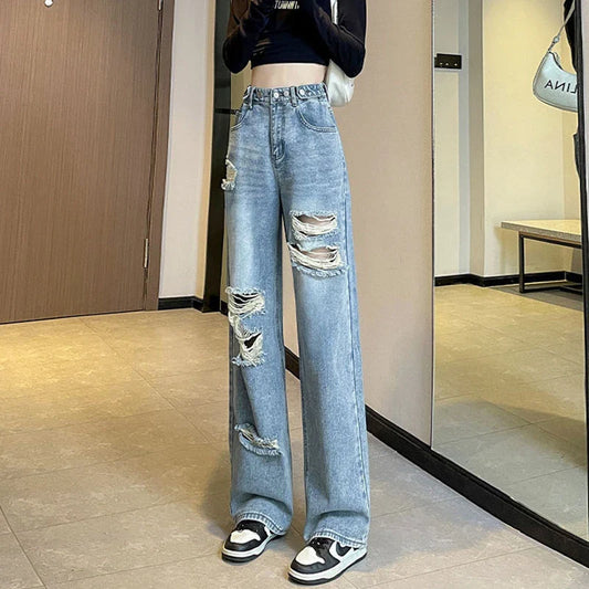 Broken Jeans Female 2024 New Loose High Waist Thin Narrow Version Of Straight Wide-Leg Pants Spring and Fall Jeans