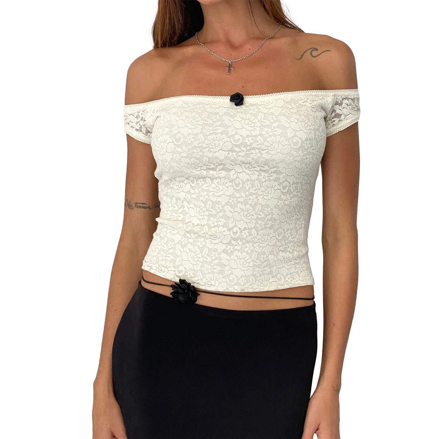 Off Shoulder Short Sleeve Slim Fit Party Club Streetwear Crop Lace Top