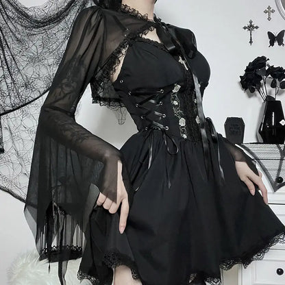 Round Neck Serrated Edge Thin Lace Gothic Lolita Pleated Edge Cardigan