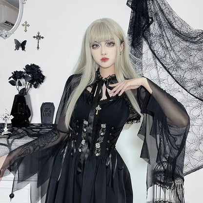 Round Neck Serrated Edge Thin Lace Gothic Lolita Pleated Edge Cardigan