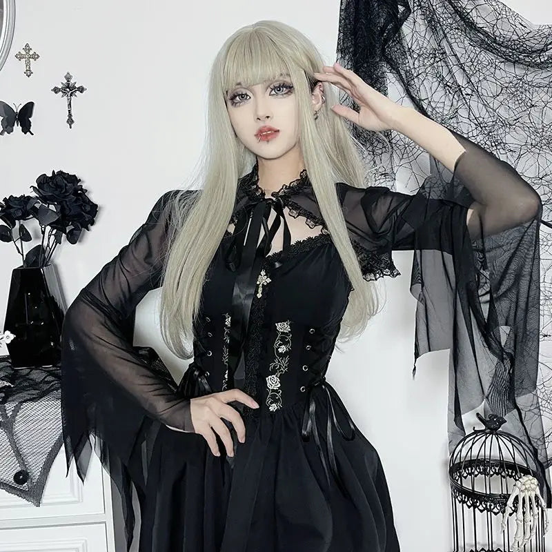 Round Neck Serrated Edge Thin Lace Gothic Lolita Pleated Edge Cardigan