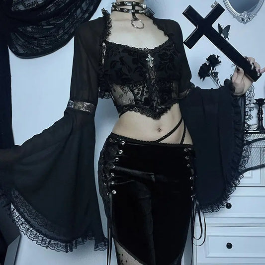 Diablo Lace Cover Up Kam Shoulder Halloween Half Flared Sleeve Gothic Hollowing Out Cardigan