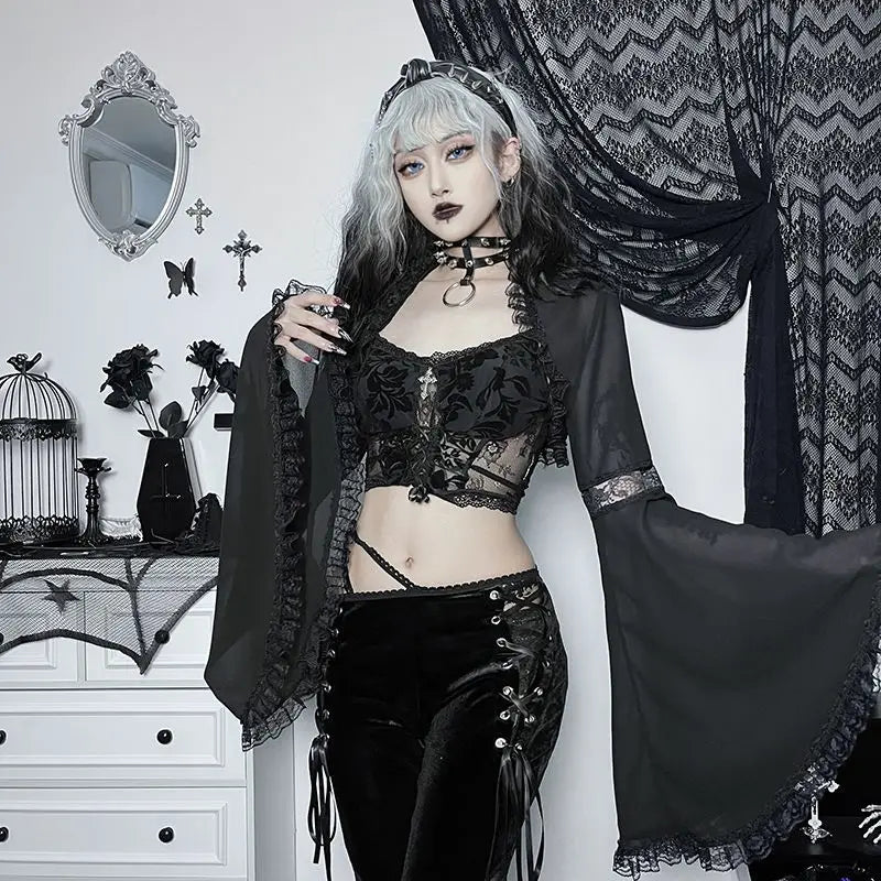 Diablo Lace Cover Up Kam Shoulder Halloween Half Flared Sleeve Gothic Hollowing Out Cardigan