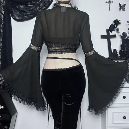 Diablo Lace Cover Up Kam Shoulder Halloween Half Flared Sleeve Gothic Hollowing Out Cardigan