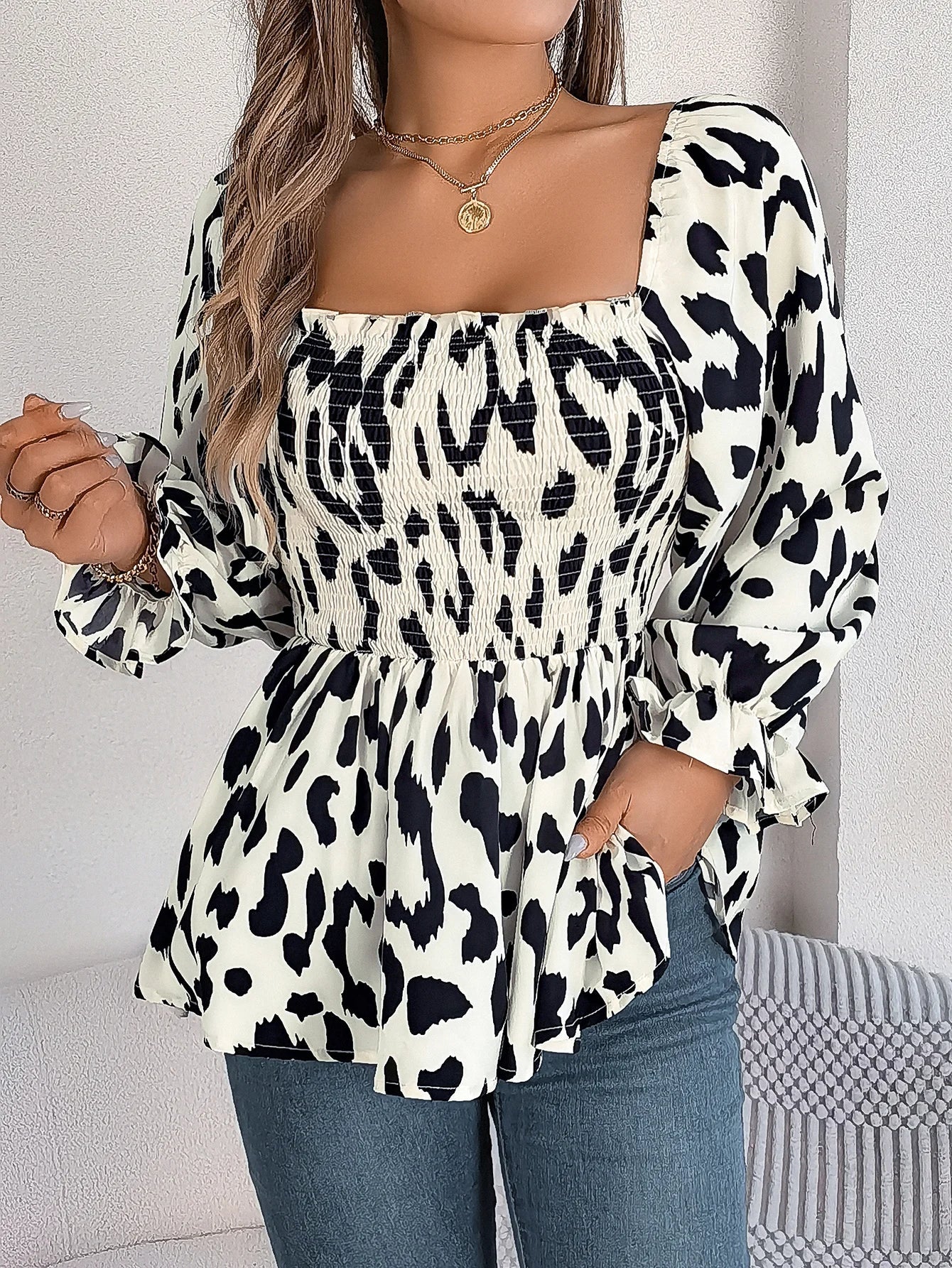 Shirred Print Casual Hem Allover Neck Square Ruffle Blouse