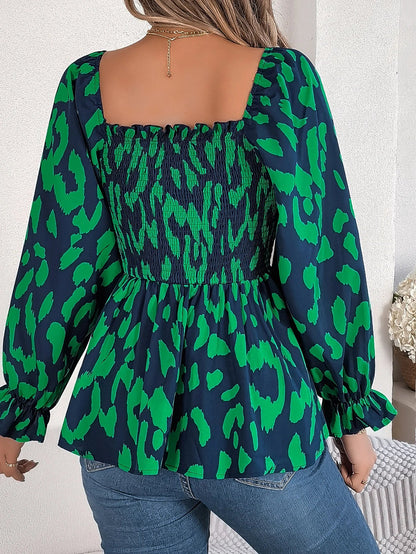 Shirred Print Casual Hem Allover Neck Square Ruffle Blouse