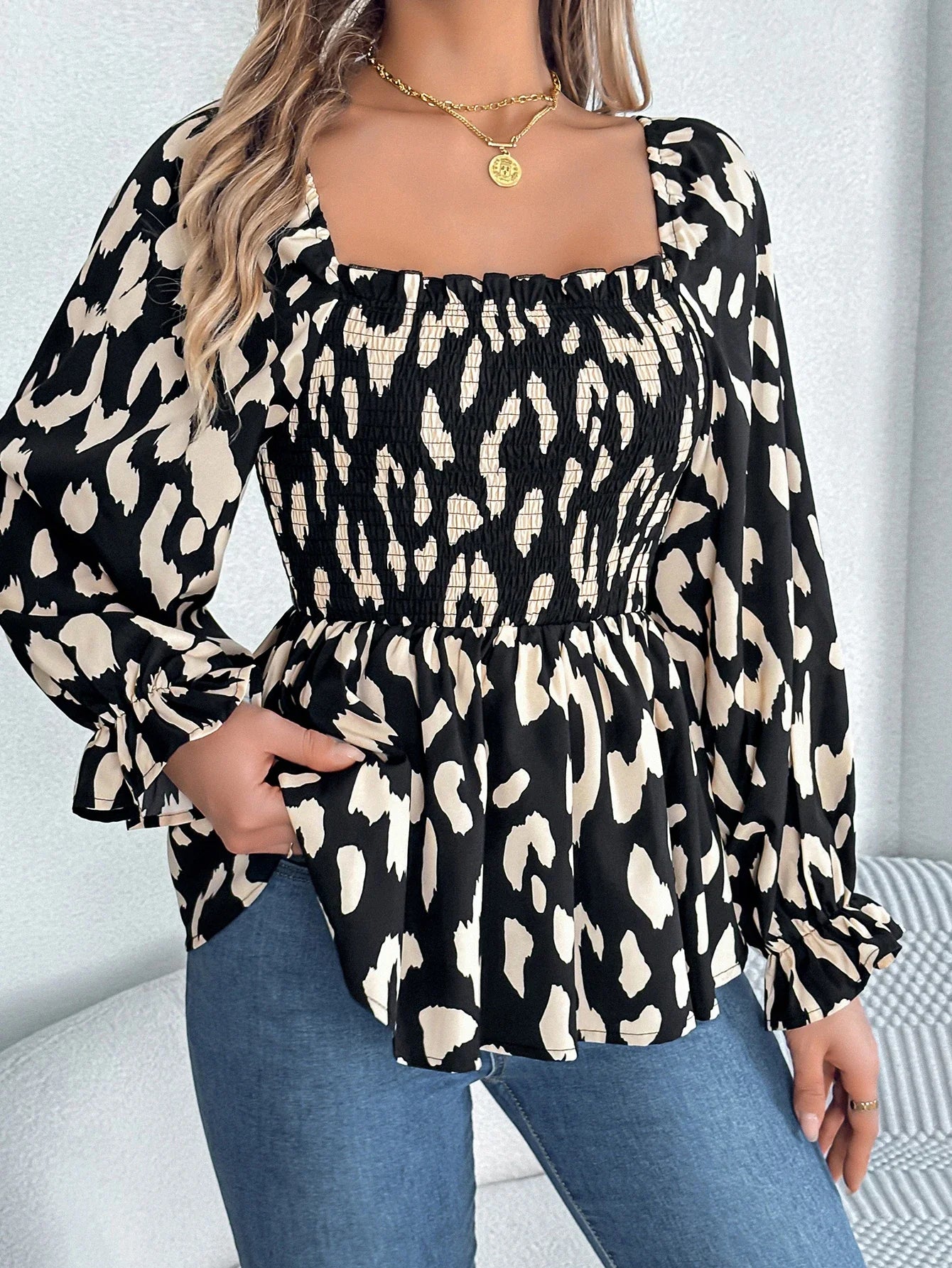 Shirred Print Casual Hem Allover Neck Square Ruffle Blouse