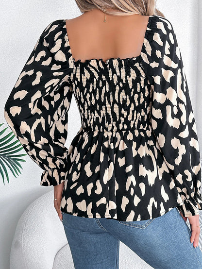 Shirred Print Casual Hem Allover Neck Square Ruffle Blouse