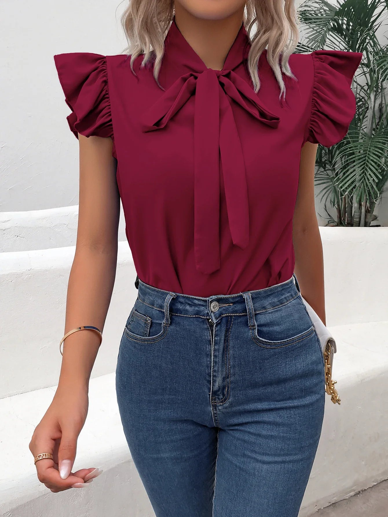 Bow Solid Tie Casual Ruffle Flutter Sleeve Trim Blouse