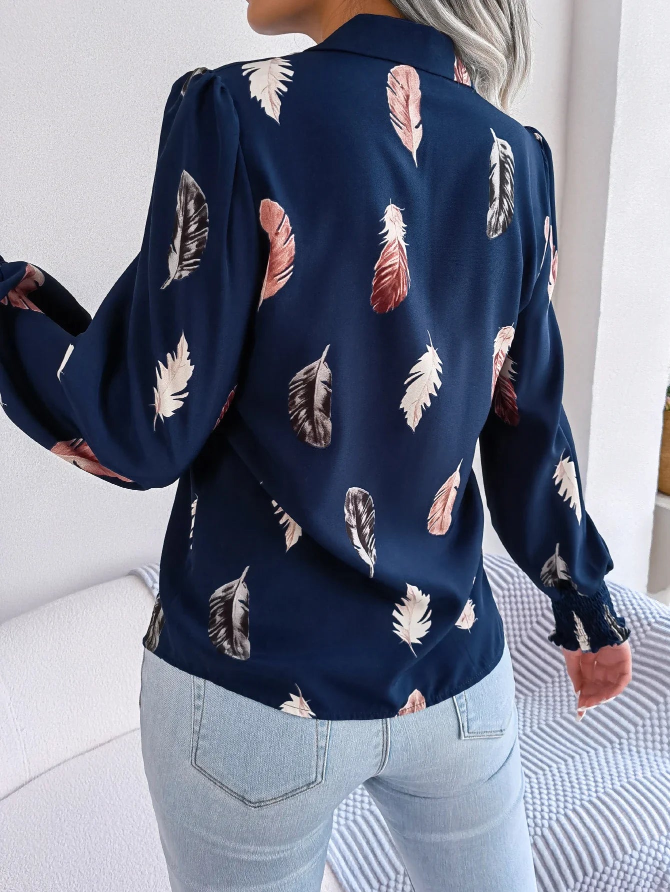 Turn Casual Sleeve Women's Front Down Feather Print Button Collar Lantern Blouse