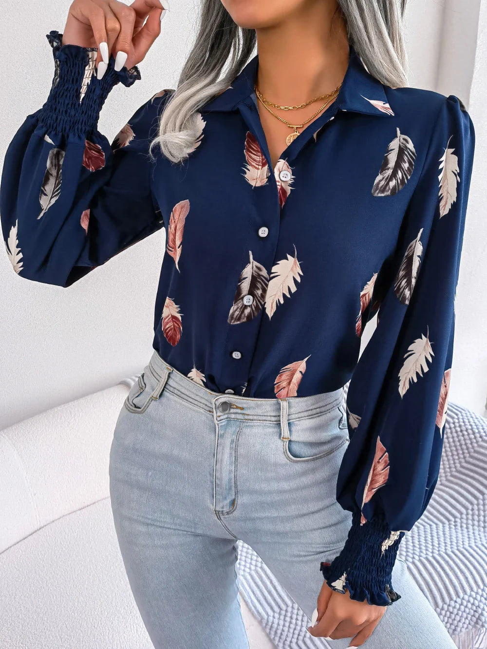 Turn Casual Sleeve Women's Front Down Feather Print Button Collar Lantern Blouse