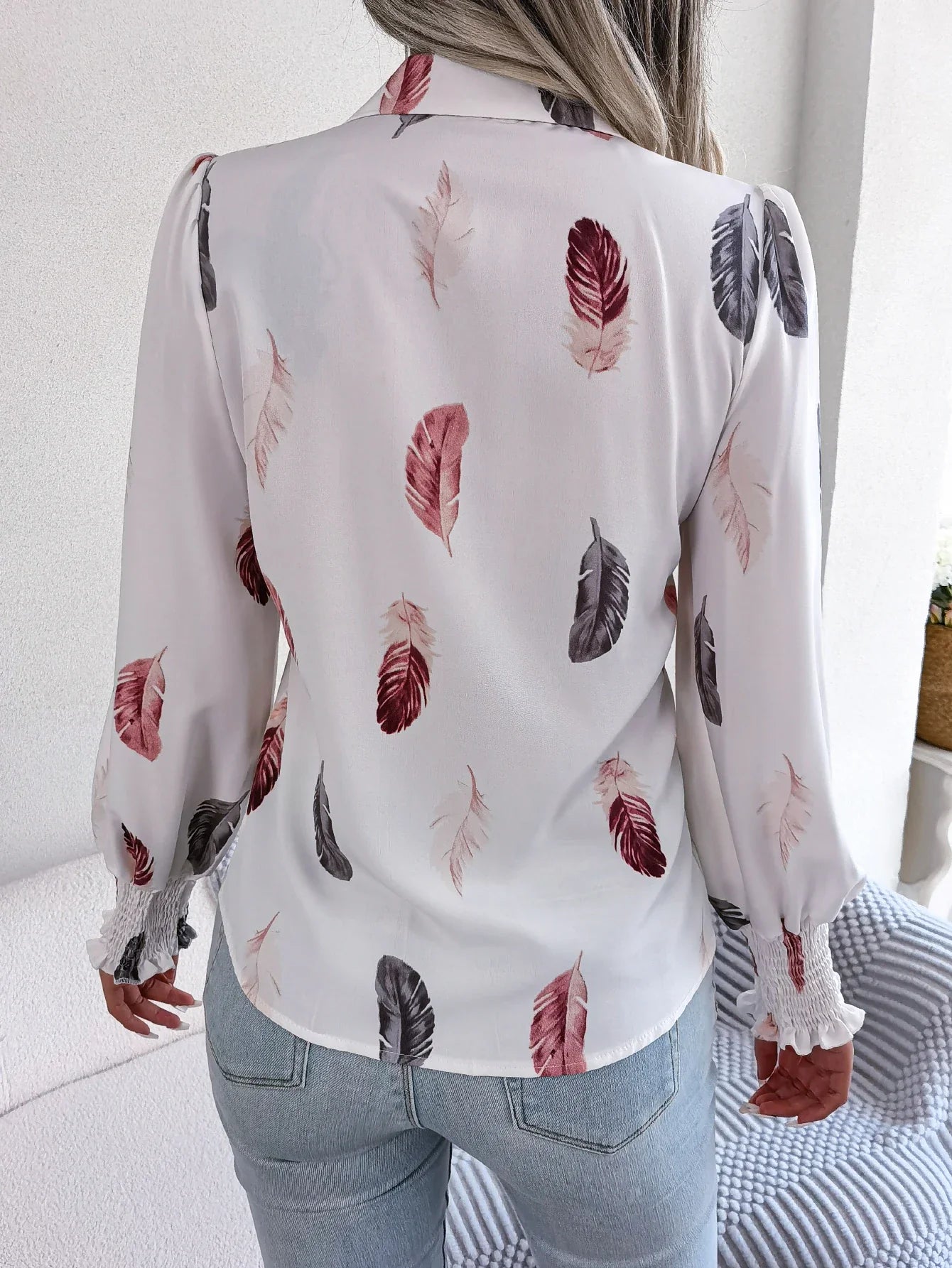 Turn Casual Sleeve Women's Front Down Feather Print Button Collar Lantern Blouse