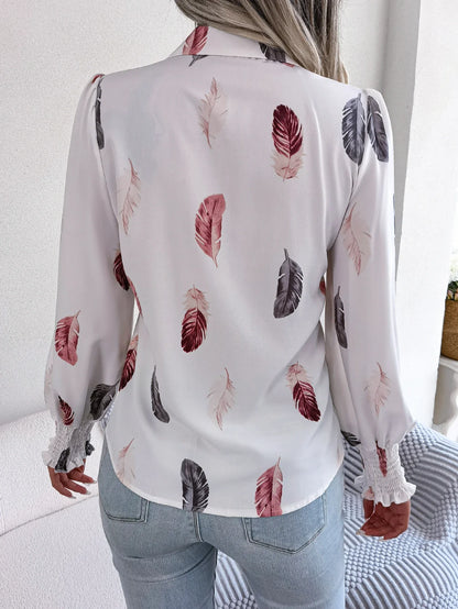 Turn Casual Sleeve Women's Front Down Feather Print Button Collar Lantern Blouse