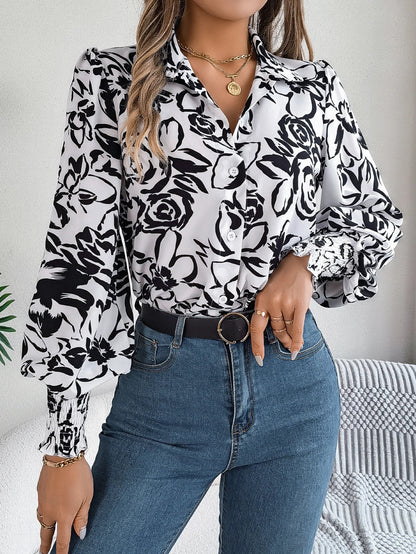 Print Button Floral Casual Front Sleeve Lantern Blouse