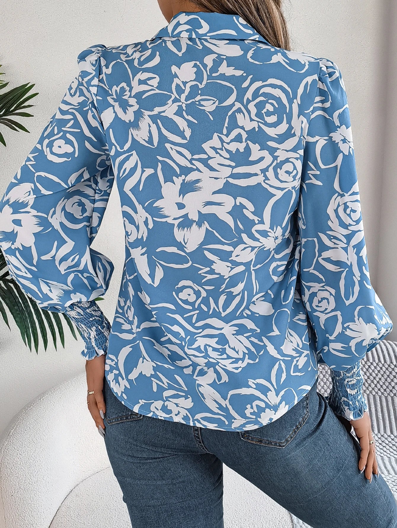 Print Button Floral Casual Front Sleeve Lantern Blouse