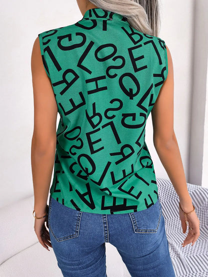 Casual Sleeveless Letter V Print Chiffon Neck Blouse