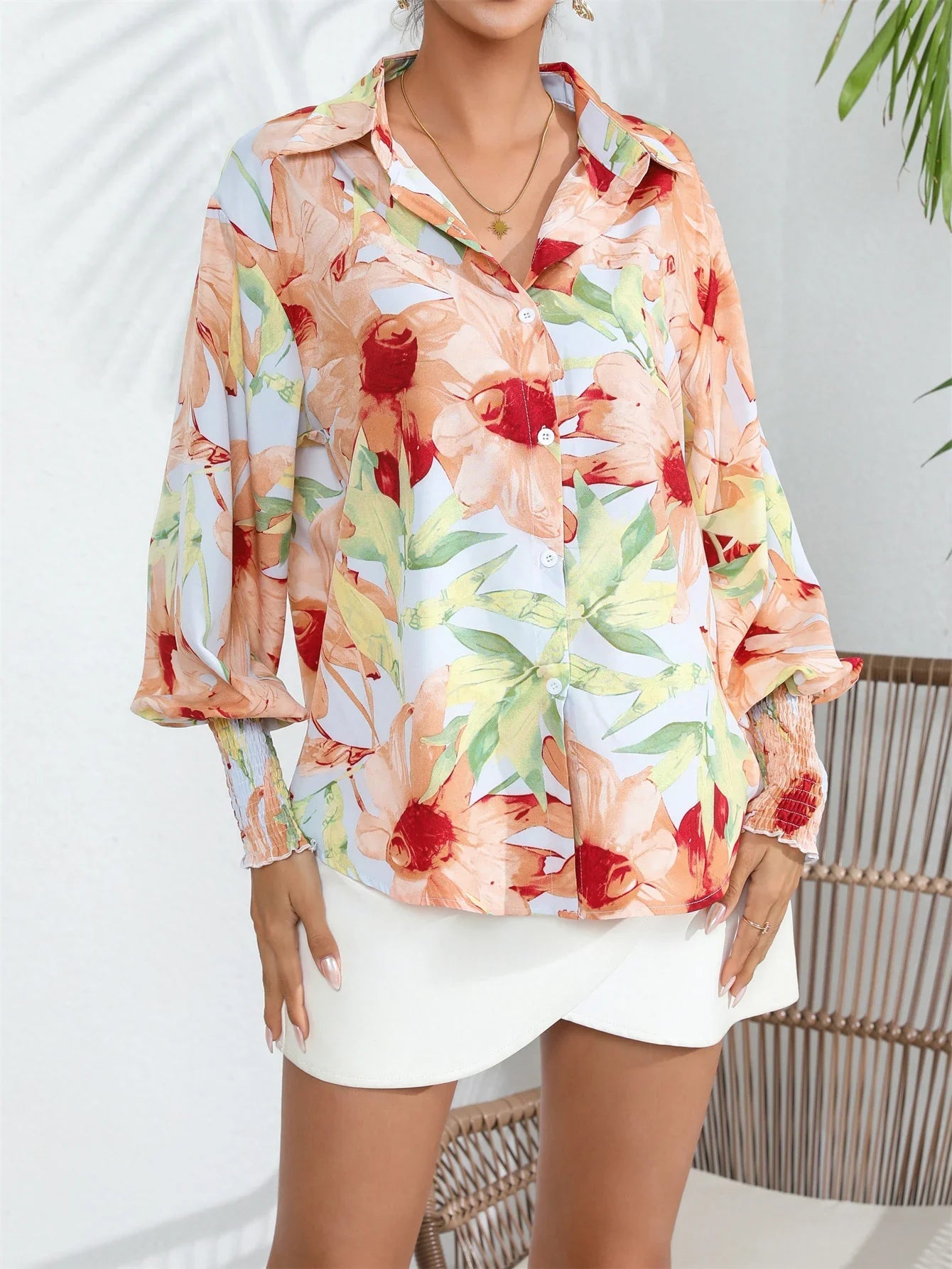 Button Casual Shirred Floral Lantern Sleeve Print Front Blouse