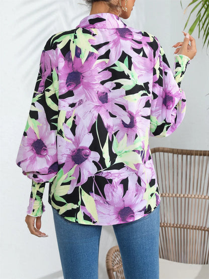 Button Casual Shirred Floral Lantern Sleeve Print Front Blouse