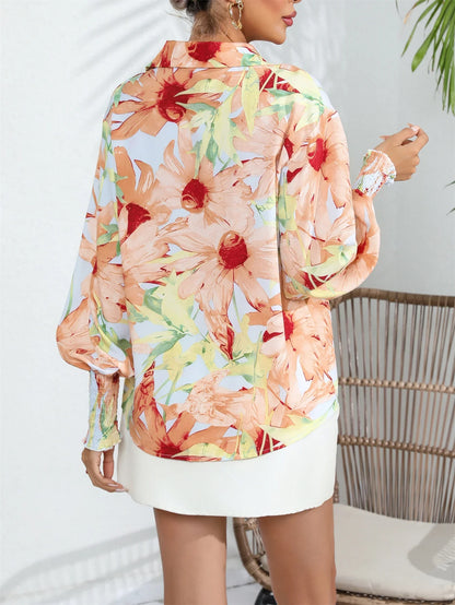 Button Casual Shirred Floral Lantern Sleeve Print Front Blouse