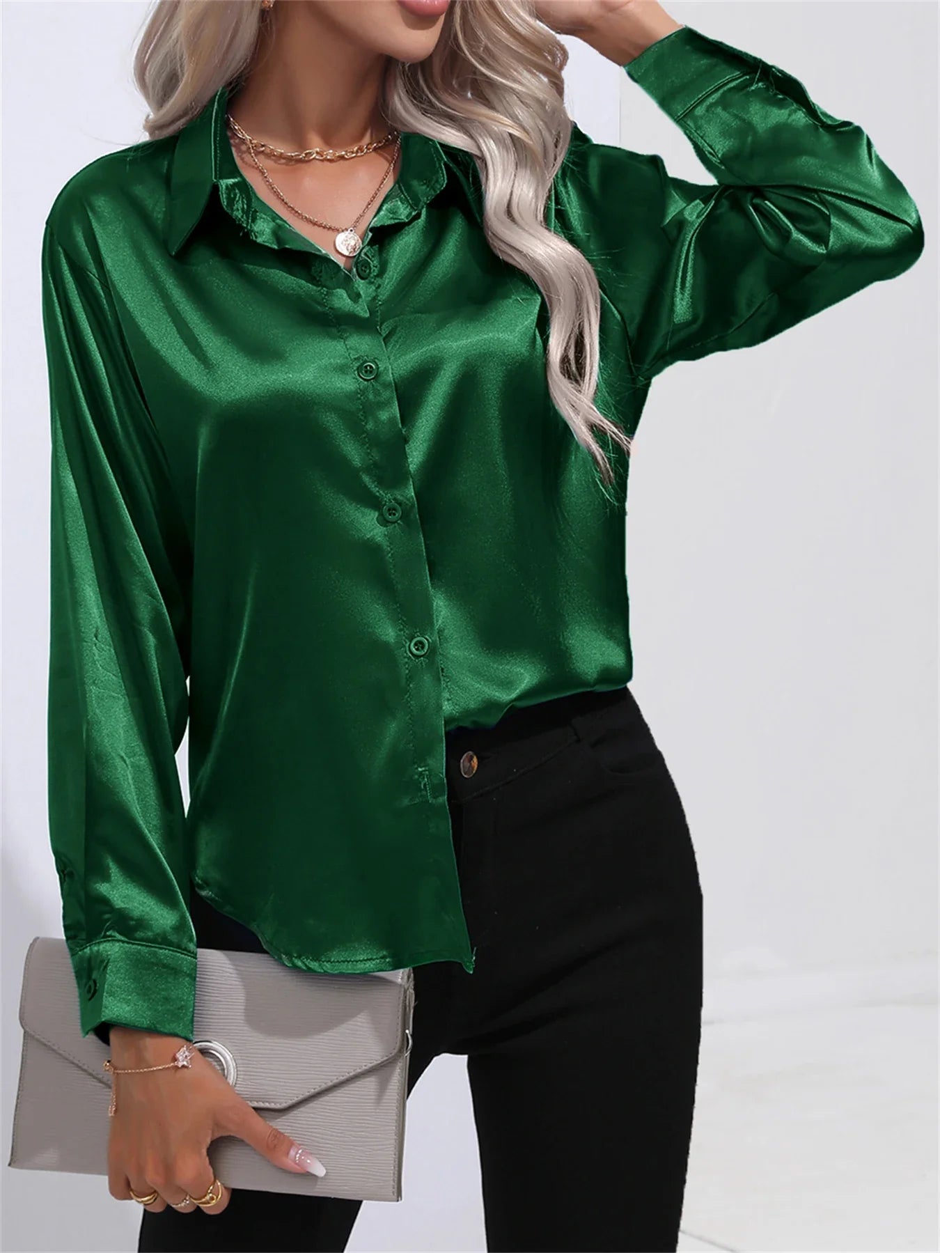 Smoothly Down Sleeve Long Collar Solid Button Front Casual Turn Blouse