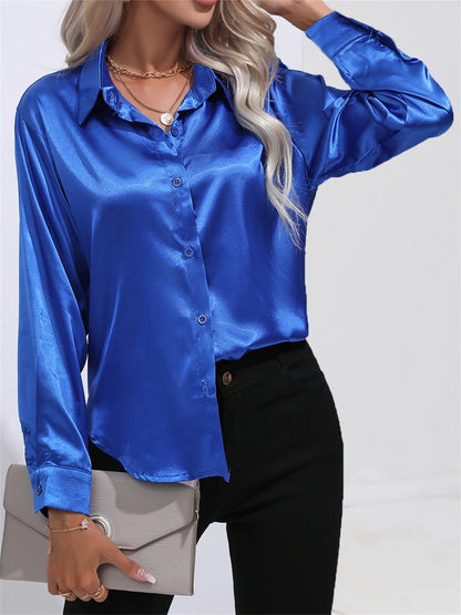 Smoothly Down Sleeve Long Collar Solid Button Front Casual Turn Blouse