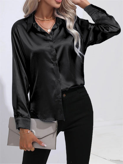 Smoothly Down Sleeve Long Collar Solid Button Front Casual Turn Blouse