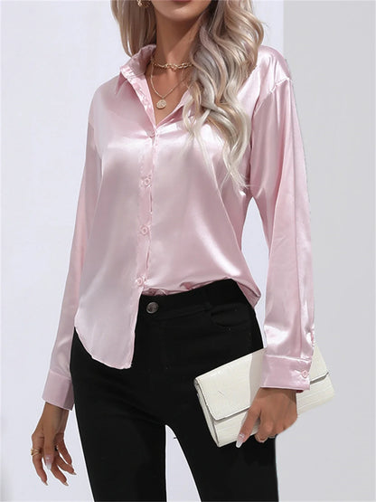 Smoothly Down Sleeve Long Collar Solid Button Front Casual Turn Blouse