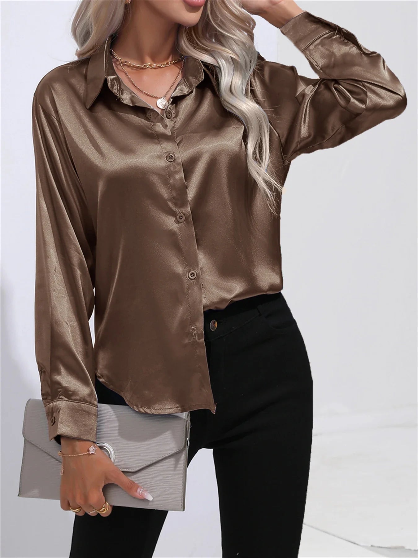 Smoothly Down Sleeve Long Collar Solid Button Front Casual Turn Blouse