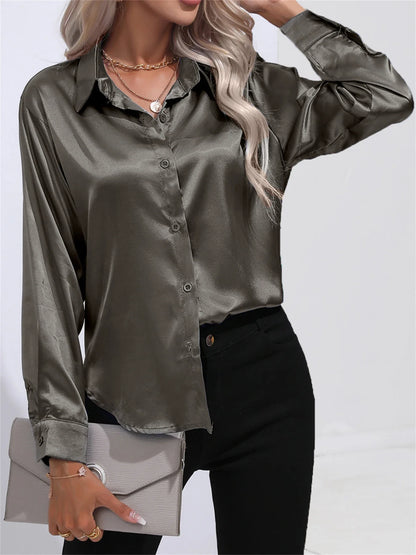 Smoothly Down Sleeve Long Collar Solid Button Front Casual Turn Blouse