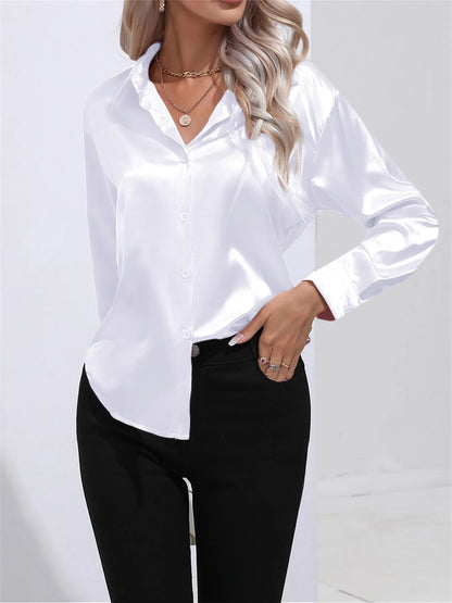 Smoothly Down Sleeve Long Collar Solid Button Front Casual Turn Blouse