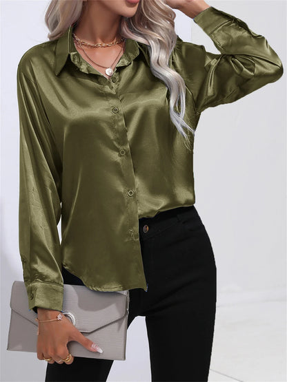 Smoothly Down Sleeve Long Collar Solid Button Front Casual Turn Blouse