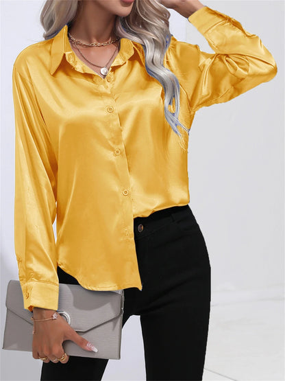 Smoothly Down Sleeve Long Collar Solid Button Front Casual Turn Blouse