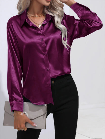 Smoothly Down Sleeve Long Collar Solid Button Front Casual Turn Blouse