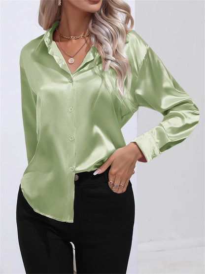 Smoothly Down Sleeve Long Collar Solid Button Front Casual Turn Blouse