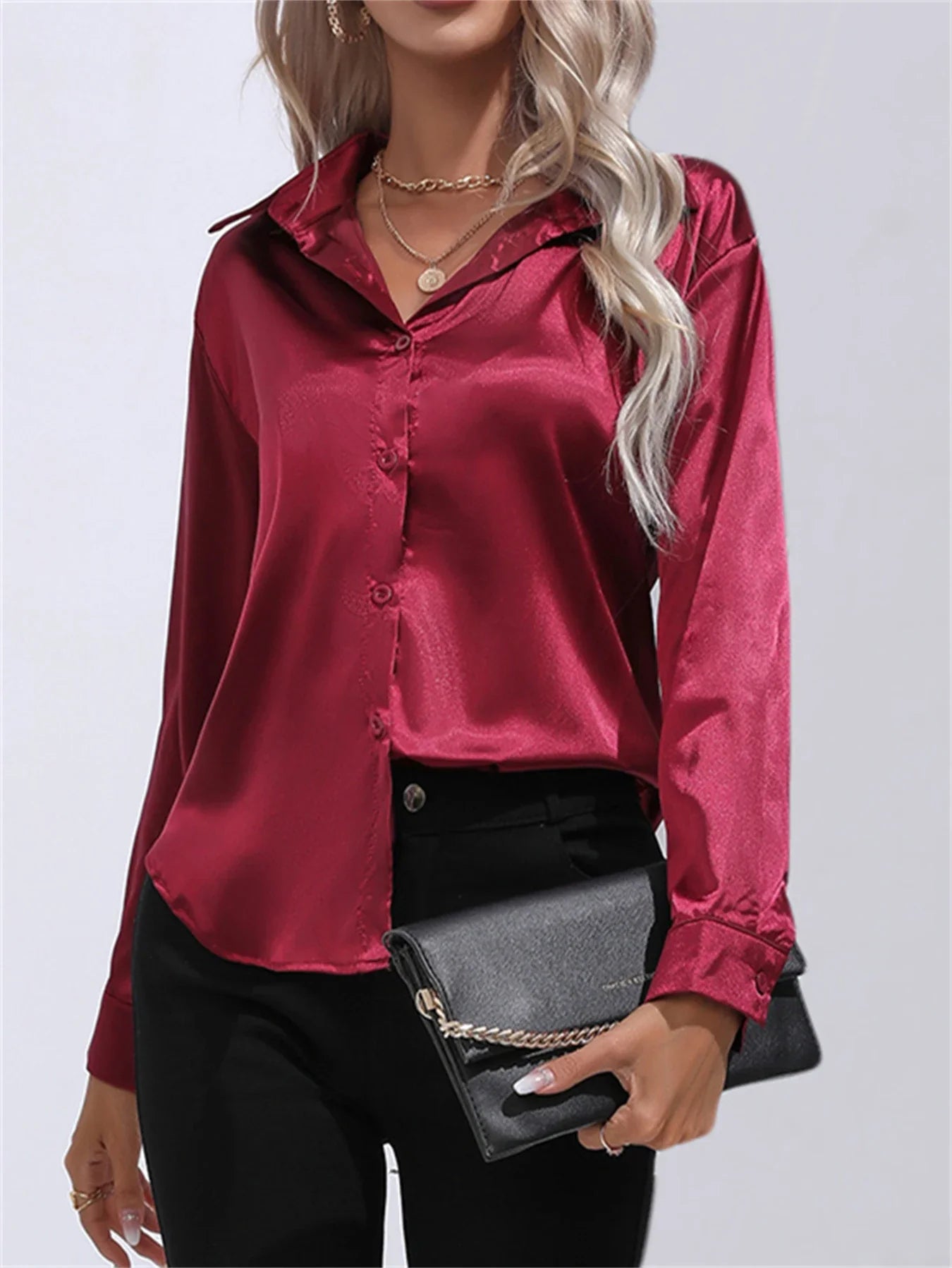 Smoothly Down Sleeve Long Collar Solid Button Front Casual Turn Blouse