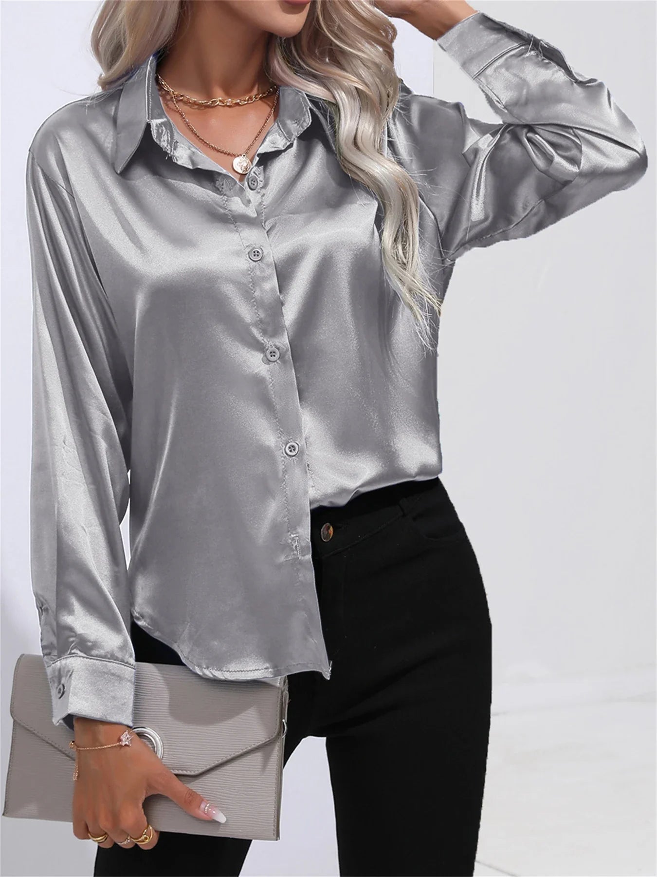 Smoothly Down Sleeve Long Collar Solid Button Front Casual Turn Blouse