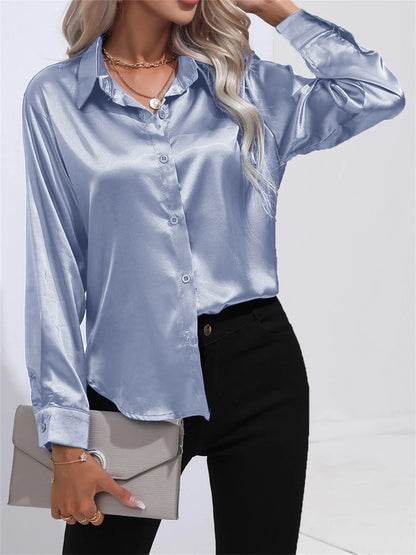 Smoothly Down Sleeve Long Collar Solid Button Front Casual Turn Blouse