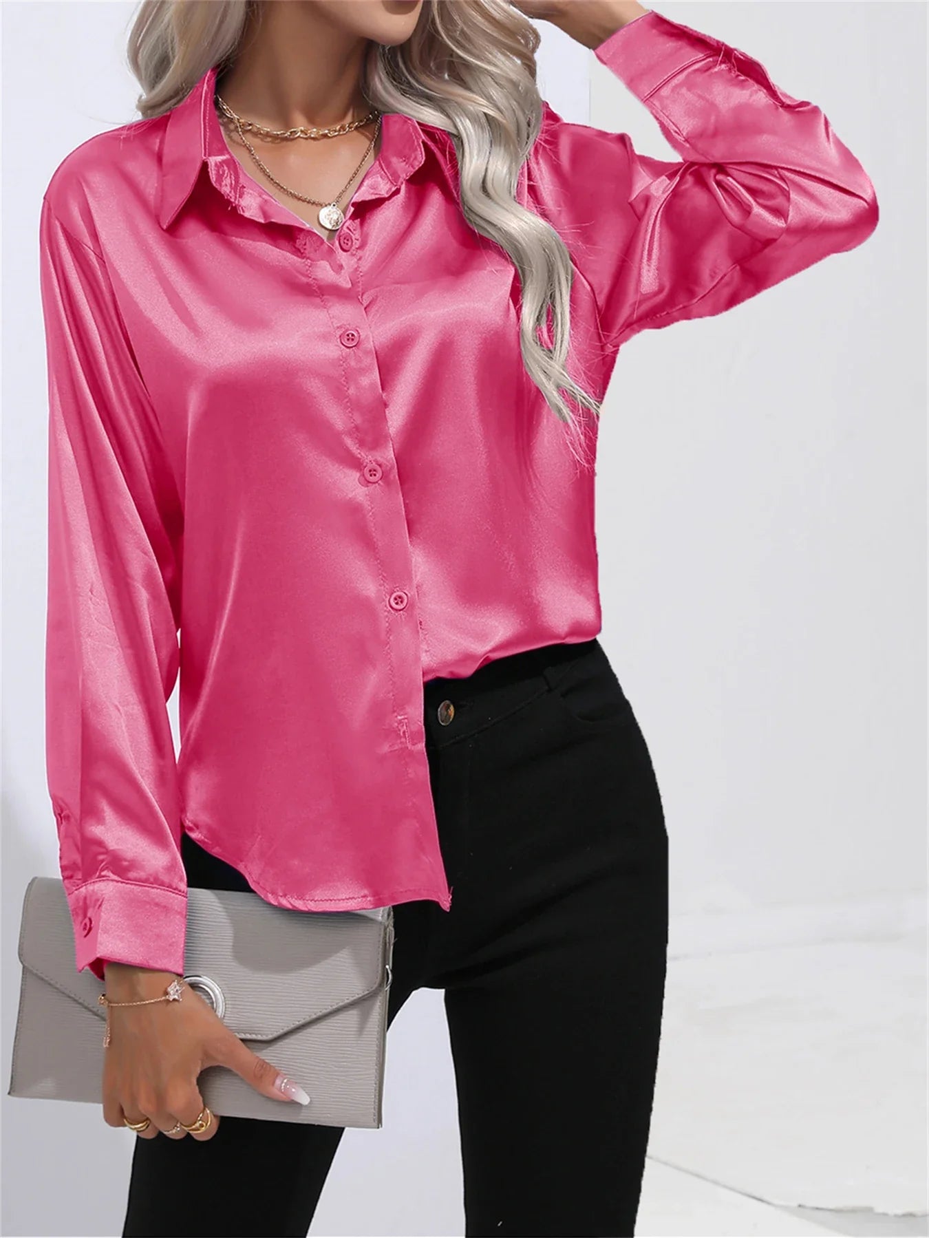 Smoothly Down Sleeve Long Collar Solid Button Front Casual Turn Blouse