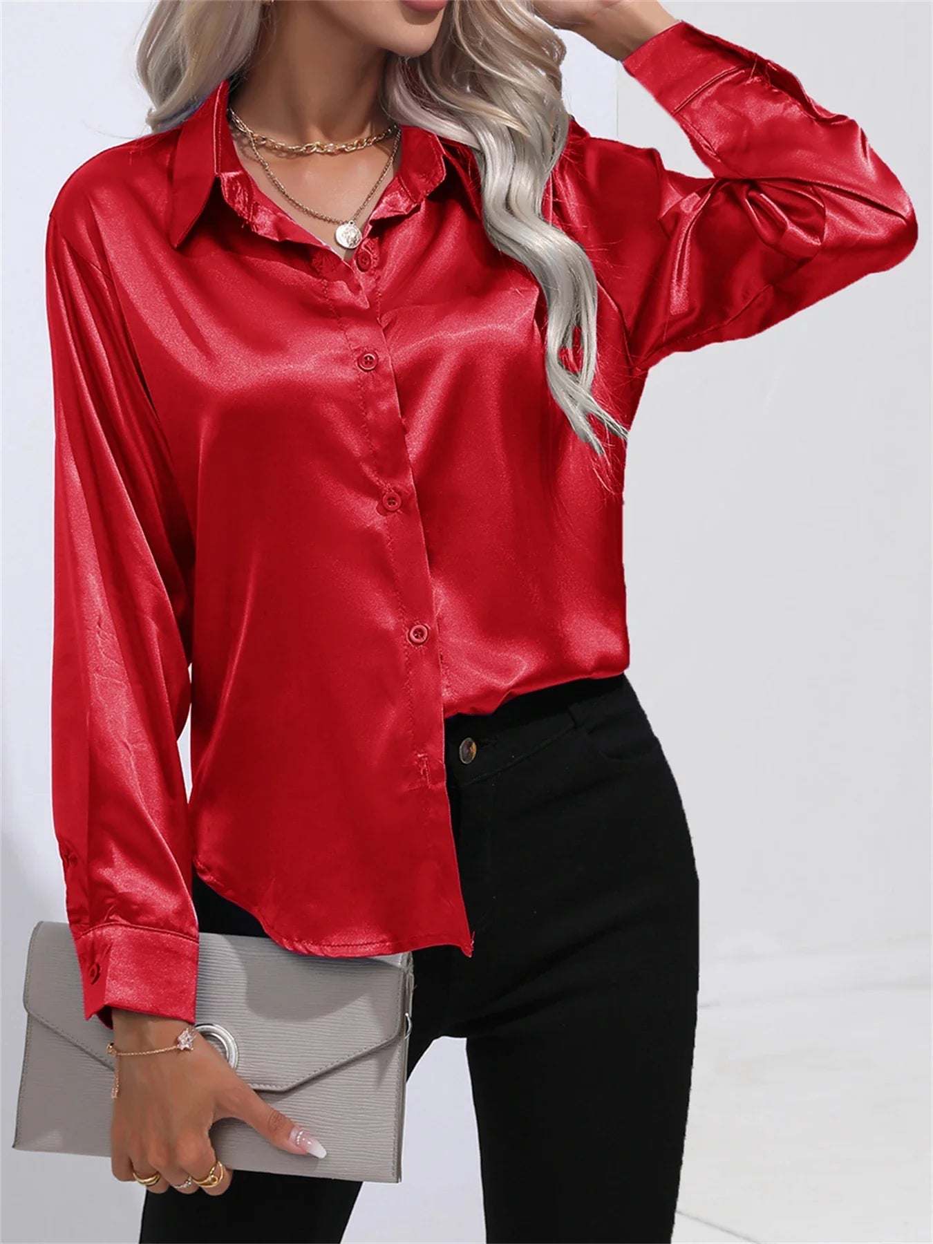 Smoothly Down Sleeve Long Collar Solid Button Front Casual Turn Blouse