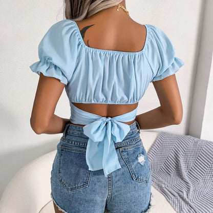 Solid Neck Ruffled Casual Sleeve Chiffon Bodycon Stylish Squared Blouse