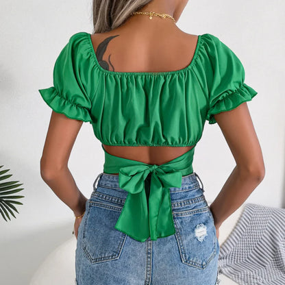 Solid Neck Ruffled Casual Sleeve Chiffon Bodycon Stylish Squared Blouse