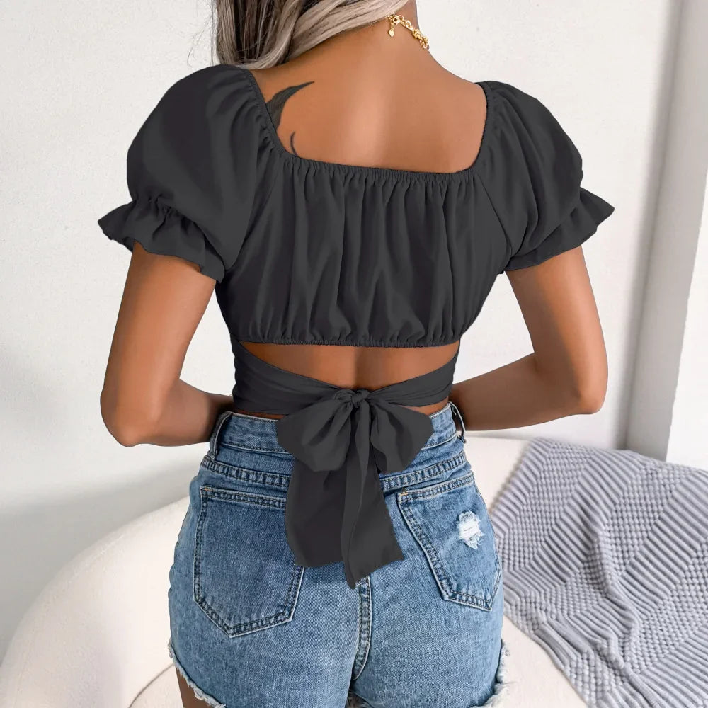 Solid Neck Ruffled Casual Sleeve Chiffon Bodycon Stylish Squared Blouse