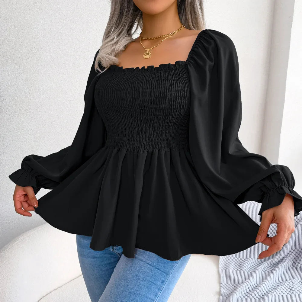 Trim Solid Ruffle Casual Lantern Pleated Squared Neck Sleeve Blouse