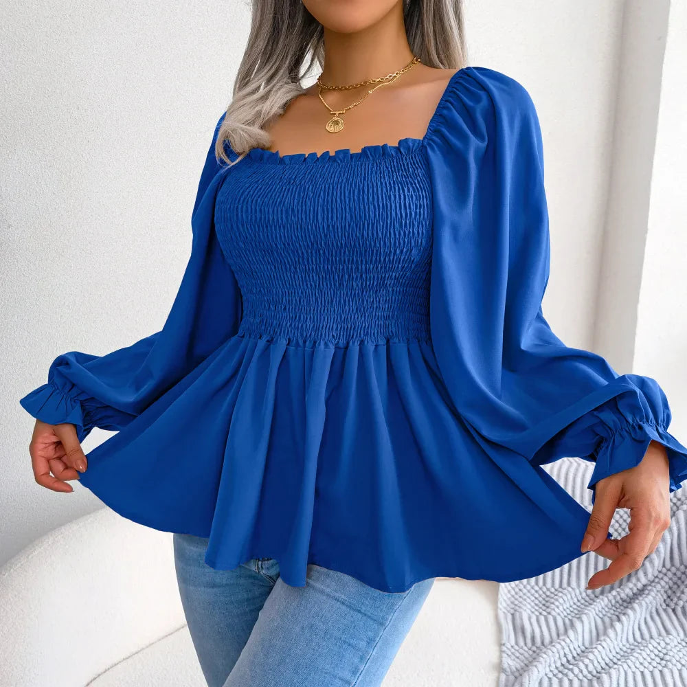 Trim Solid Ruffle Casual Lantern Pleated Squared Neck Sleeve Blouse