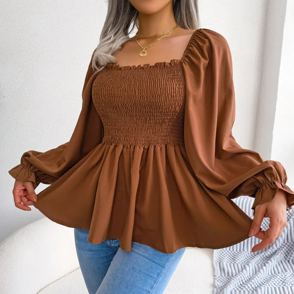 Trim Solid Ruffle Casual Lantern Pleated Squared Neck Sleeve Blouse