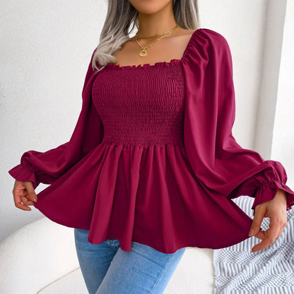 Trim Solid Ruffle Casual Lantern Pleated Squared Neck Sleeve Blouse