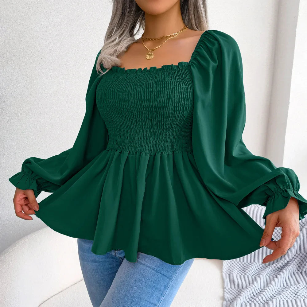 Trim Solid Ruffle Casual Lantern Pleated Squared Neck Sleeve Blouse